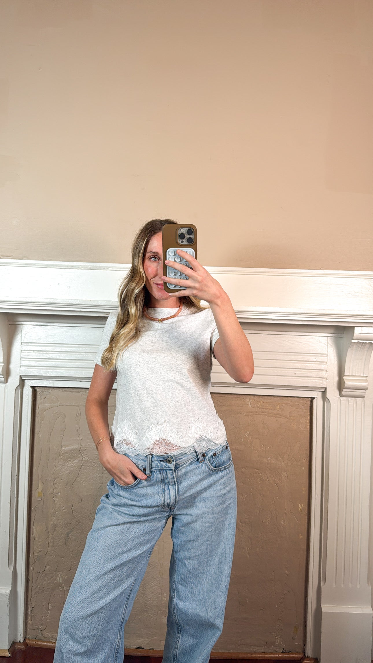 Lace Trim Short Sleeve Tee - Heather Grey