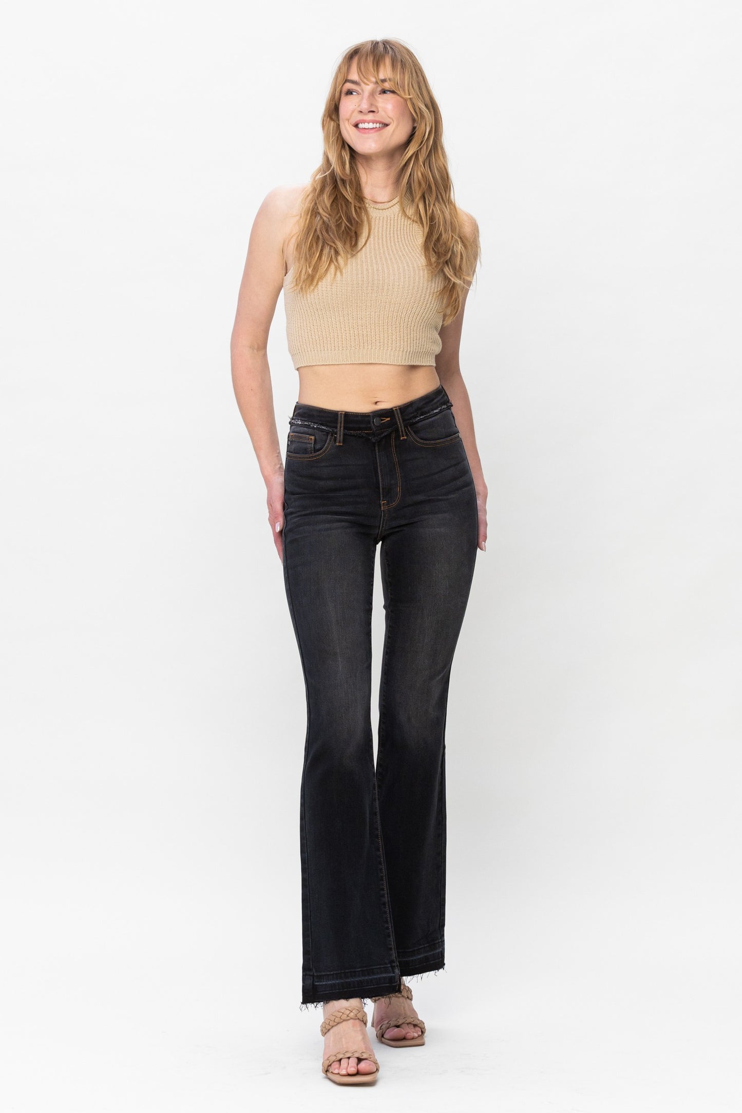 Black High Waist Release Hem Slim Bootcut - Judy Blue Slim Boot Cut Release Hem High Waist FRONT RISE: 10.63" INSEAM: 32" 65% Cotton, 21%Rayon, 11% Poly, 3% Spandex Color: Black The Black High Waist Release Hem Slim Bootcut by Judy Blue is perfect for a day out. These stylish boot cut jeans feature a modern slim fit, high waist and flattering release hem. Get ready to look your best anytime, anywhere.