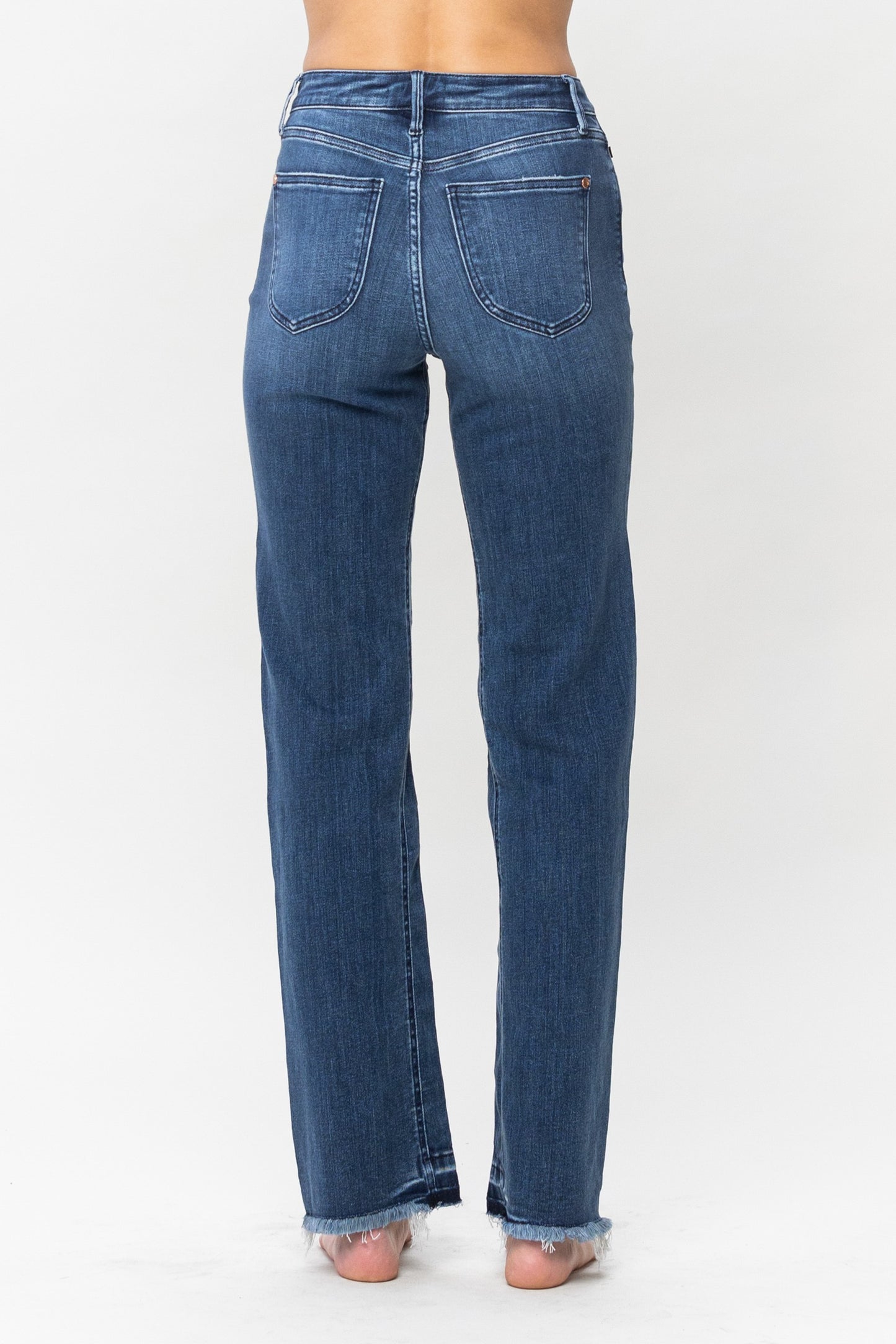 High Waist Inseam Detail & Release Hem Straight - Judy Blue Straight leg jean Inseam Detail High Waist FRONT RISE: 11" INSEAM :32" 93% Cotton, 6% Poly, 1% Spandex Color: Blue These jeans from Judy Blue feature a high waist and inseam detail. The distressed bottoms offer a stylish look and the comfortable fit will make them your go-to for any event. With these jeans, you'll look fashionable and feel confident. Perfect amount of stretch and comfort.