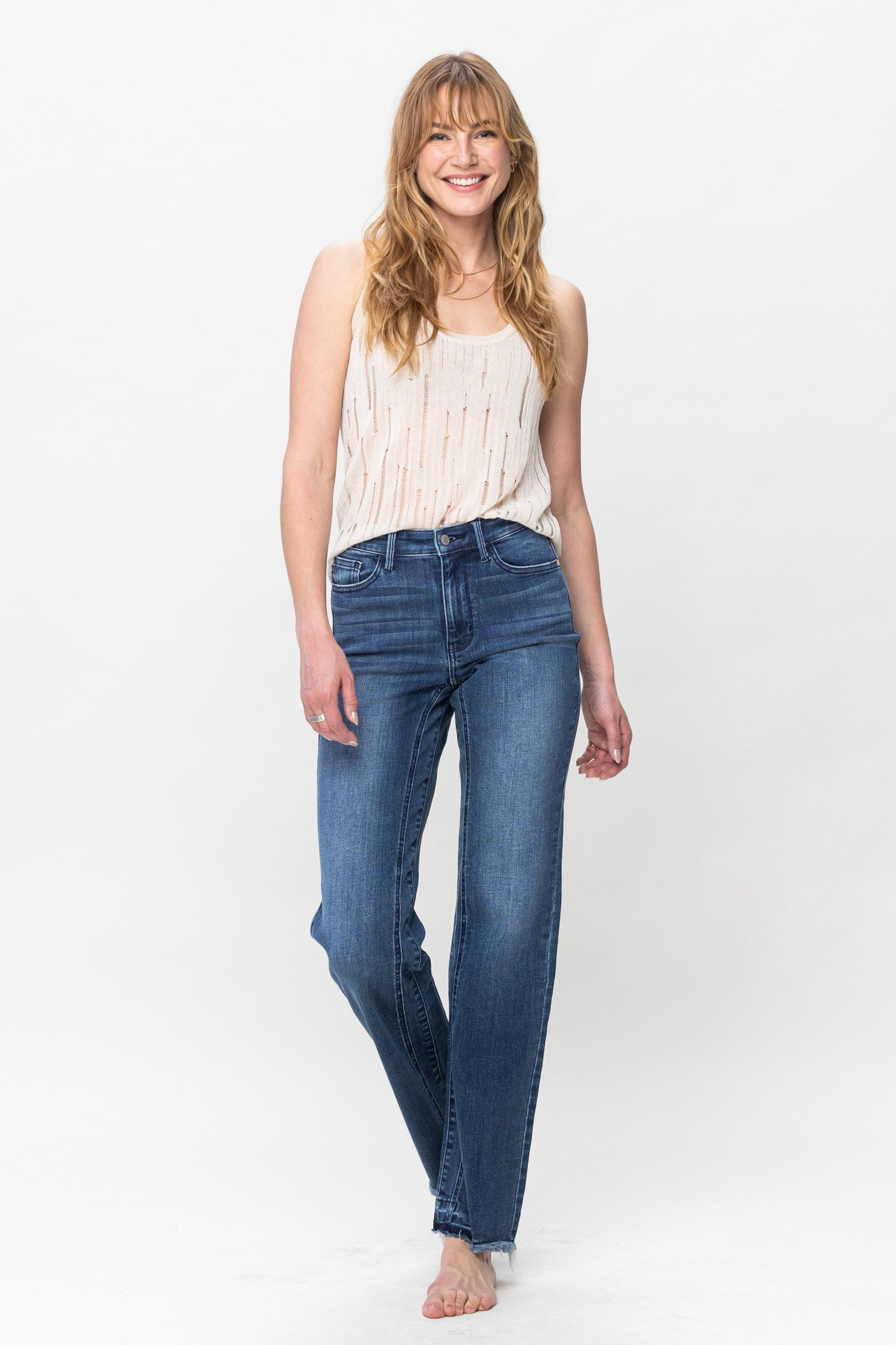 High Waist Inseam Detail & Release Hem Straight - Judy Blue Straight leg jean Inseam Detail High Waist FRONT RISE: 11" INSEAM :32" 93% Cotton, 6% Poly, 1% Spandex Color: Blue These jeans from Judy Blue feature a high waist and inseam detail. The distressed bottoms offer a stylish look and the comfortable fit will make them your go-to for any event. With these jeans, you'll look fashionable and feel confident. Perfect amount of stretch and comfort.