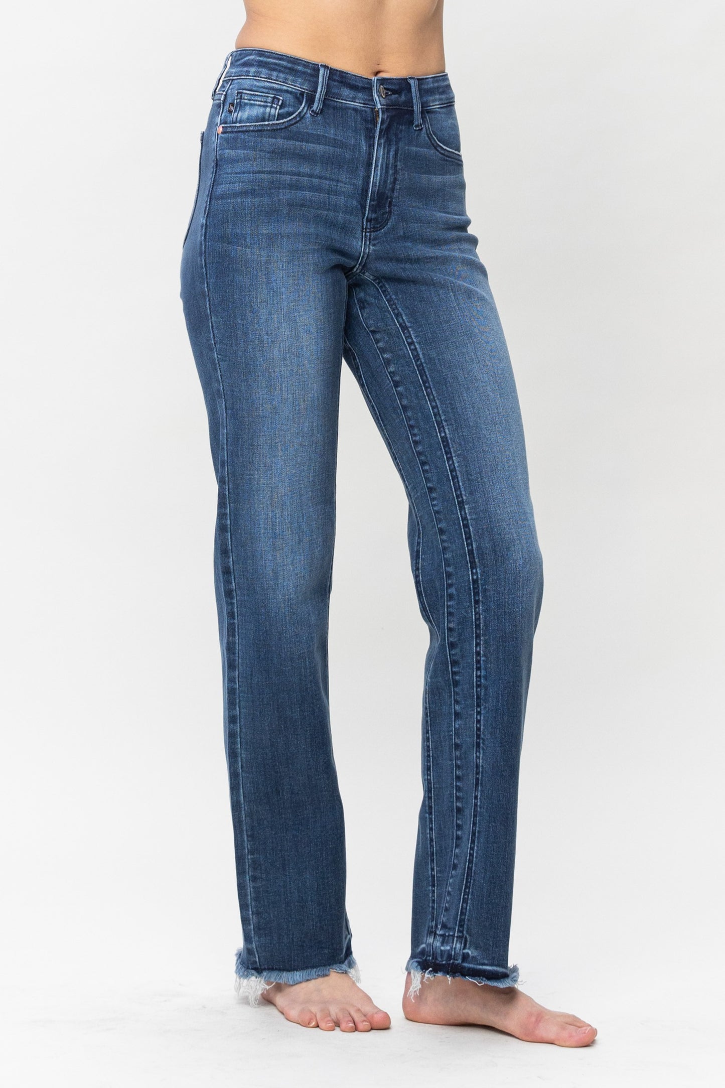 High Waist Inseam Detail & Release Hem Straight - Judy Blue Straight leg jean Inseam Detail High Waist FRONT RISE: 11" INSEAM :32" 93% Cotton, 6% Poly, 1% Spandex Color: Blue These jeans from Judy Blue feature a high waist and inseam detail. The distressed bottoms offer a stylish look and the comfortable fit will make them your go-to for any event. With these jeans, you'll look fashionable and feel confident. Perfect amount of stretch and comfort.