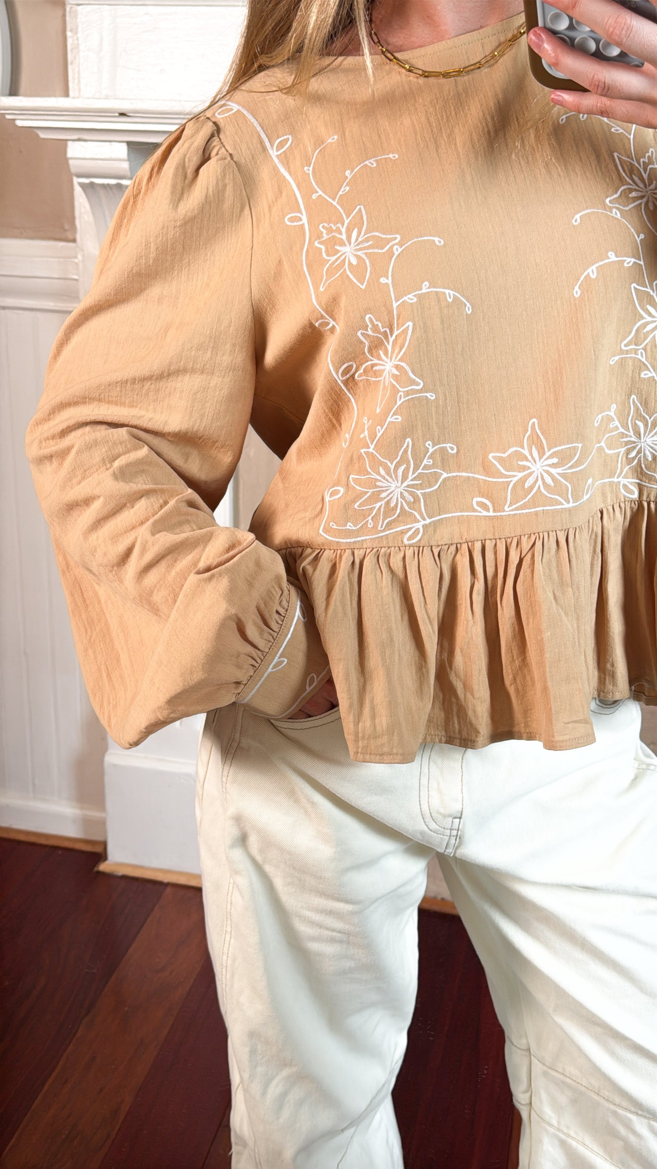 Long Sleeve Embroidered Peplum Top