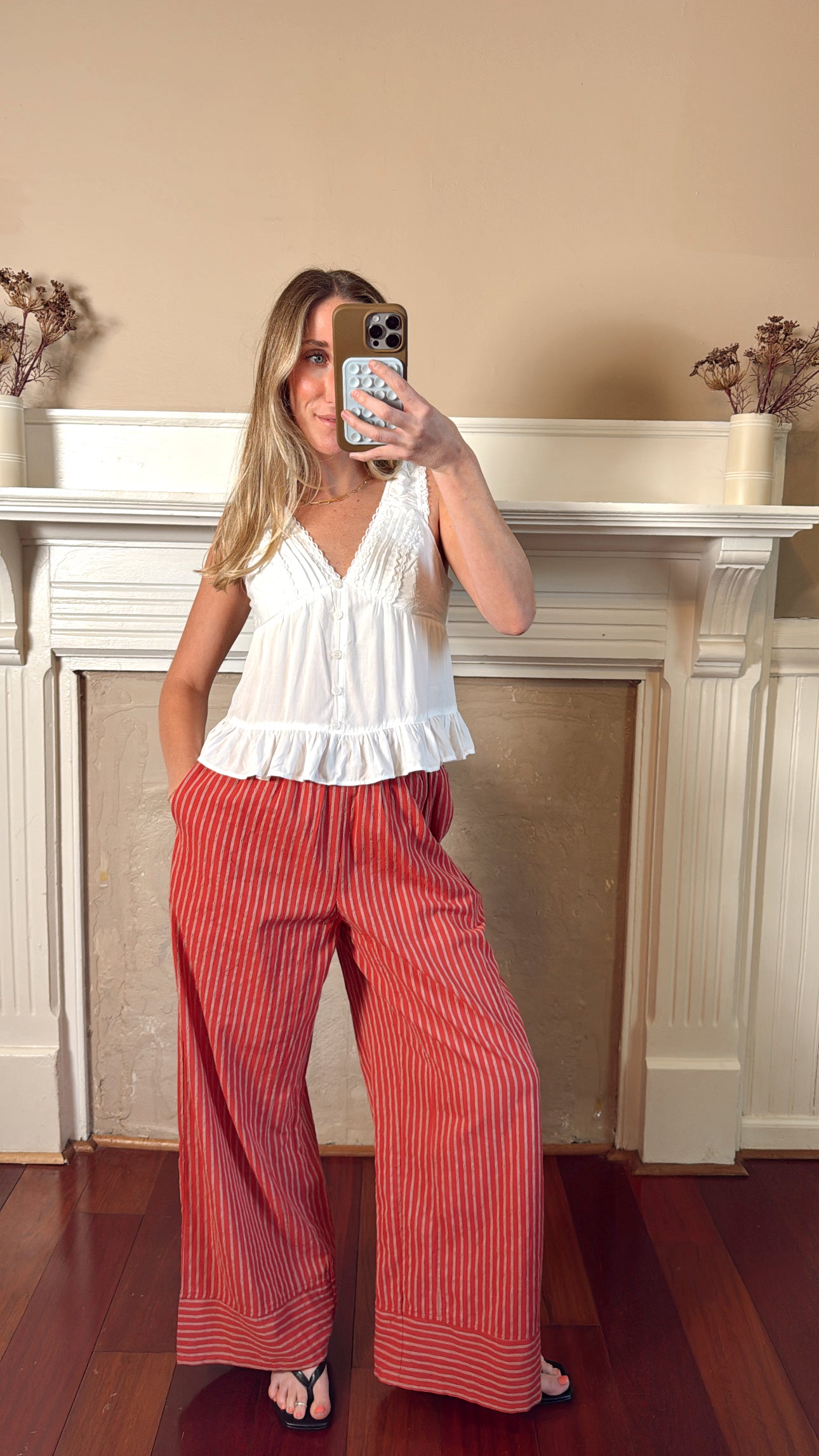 Lenora Linen Striped Pants - Tomato
