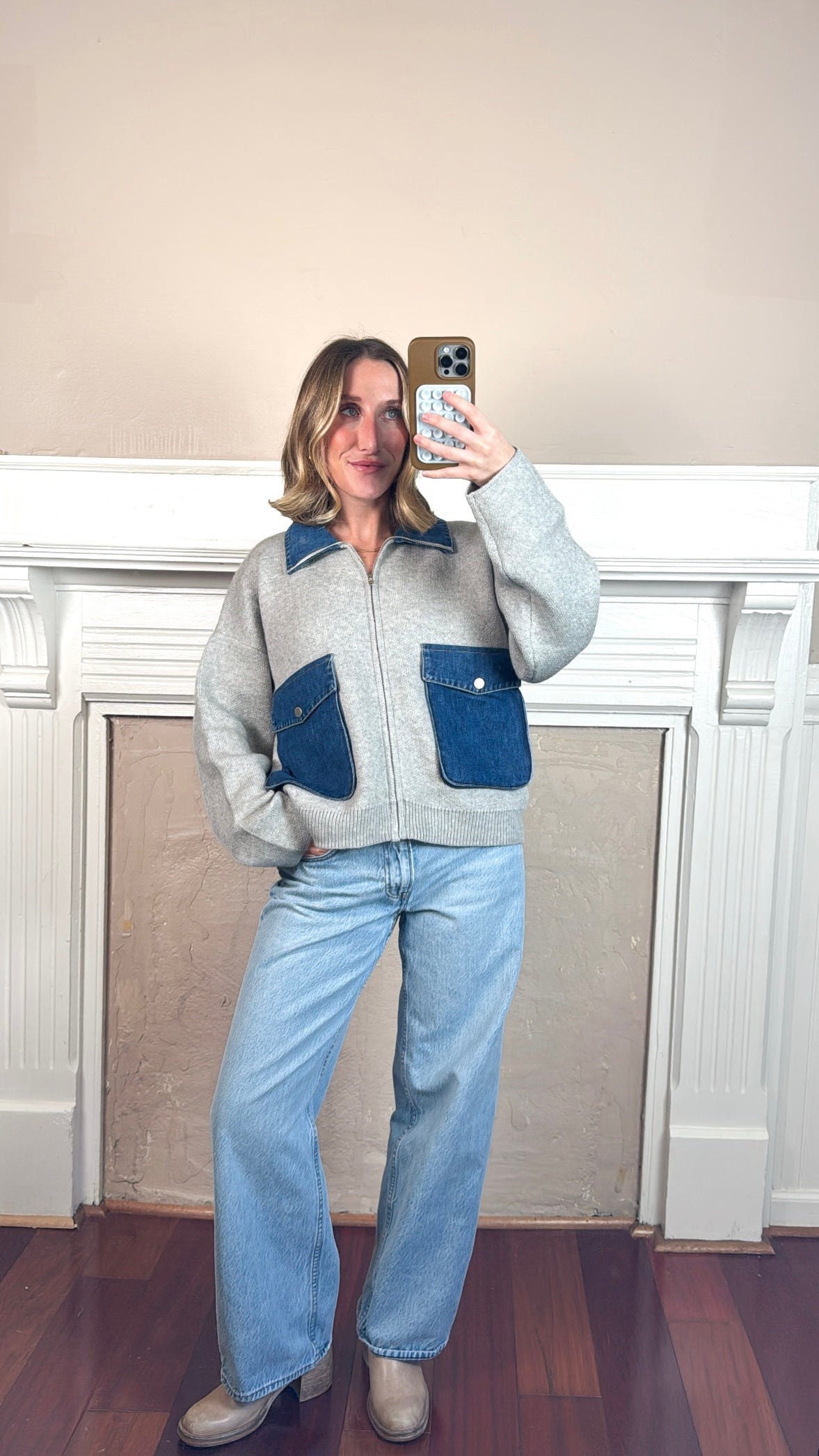 Zip Up Knit Denim Sweater