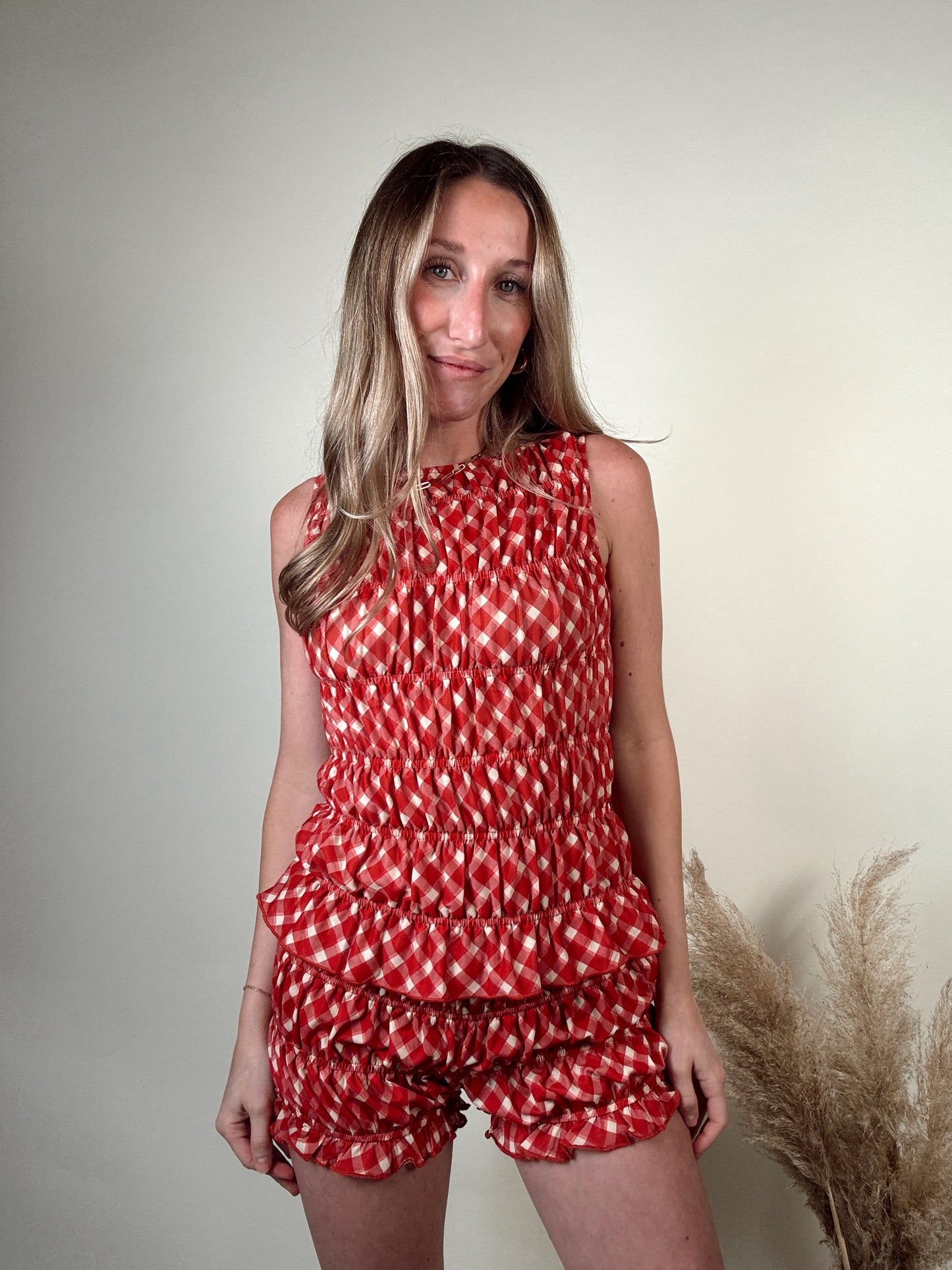 Gingham Ruffle Smocked Shorts