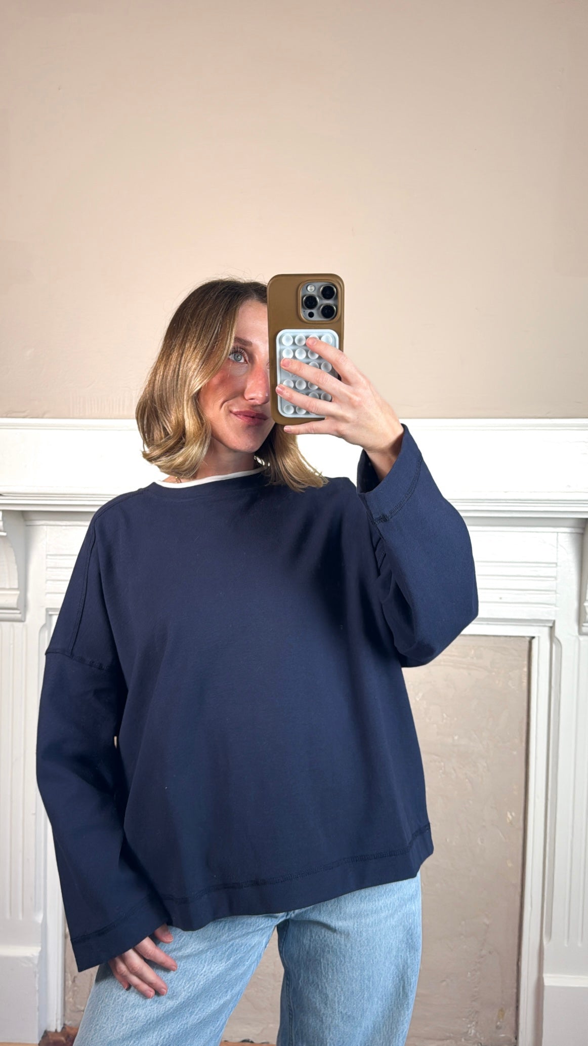 Jamie Contrast Round Neck Knit Top - Navy