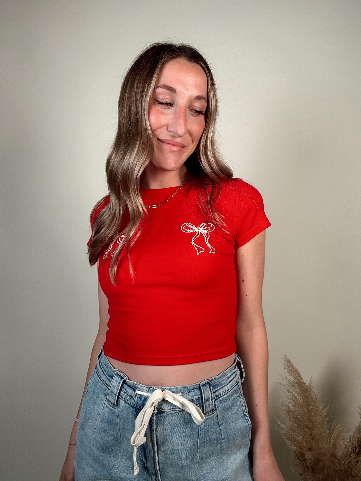 Double Bow Baby Tee - Red