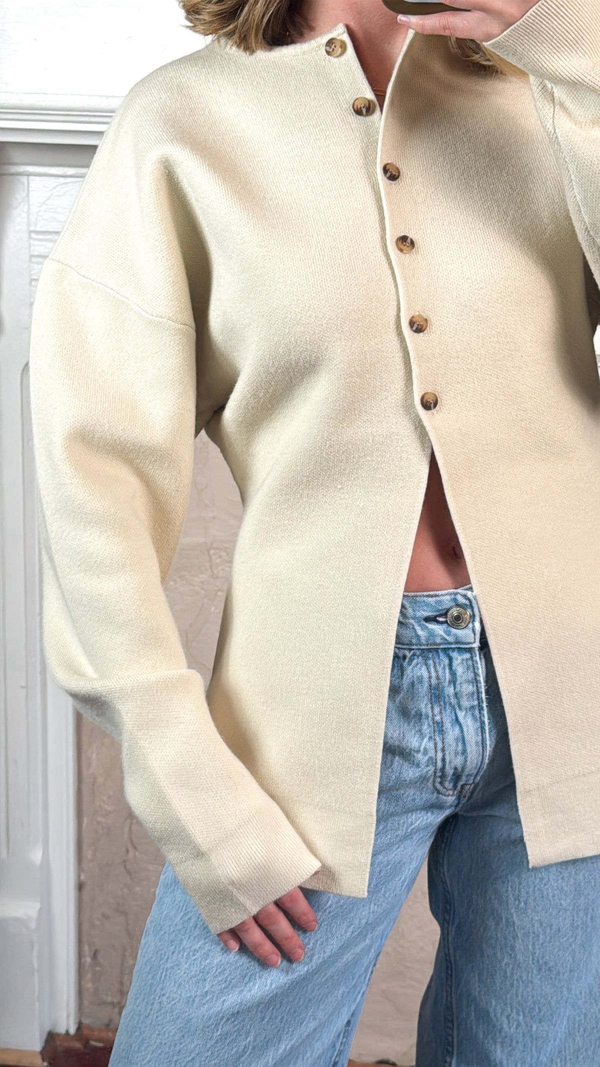 Cara Button Front Peplum Sweater