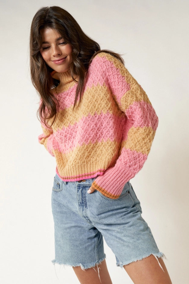 Mandy Multi Stripe High Neck Sweater Top