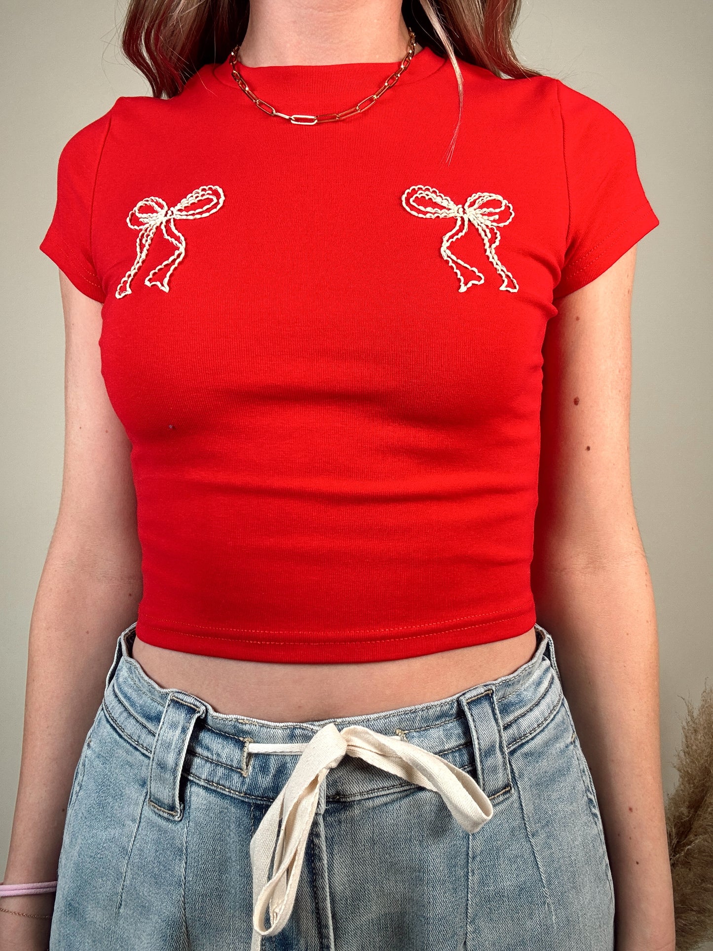 Double Bow Baby Tee - Red