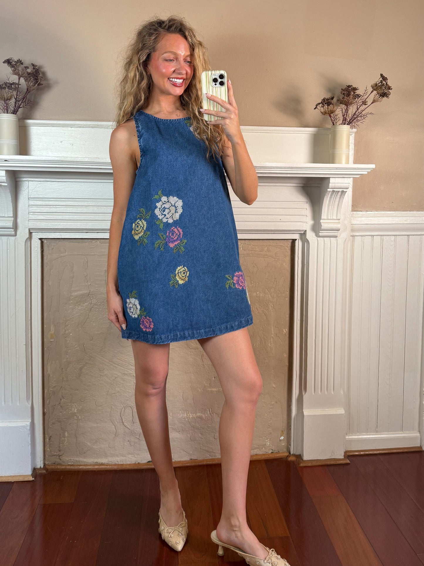 Floral Embroidered Denim Sleeveless Dress