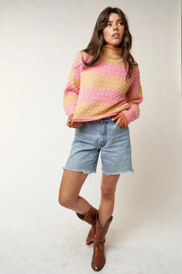 Mandy Multi Stripe High Neck Sweater Top