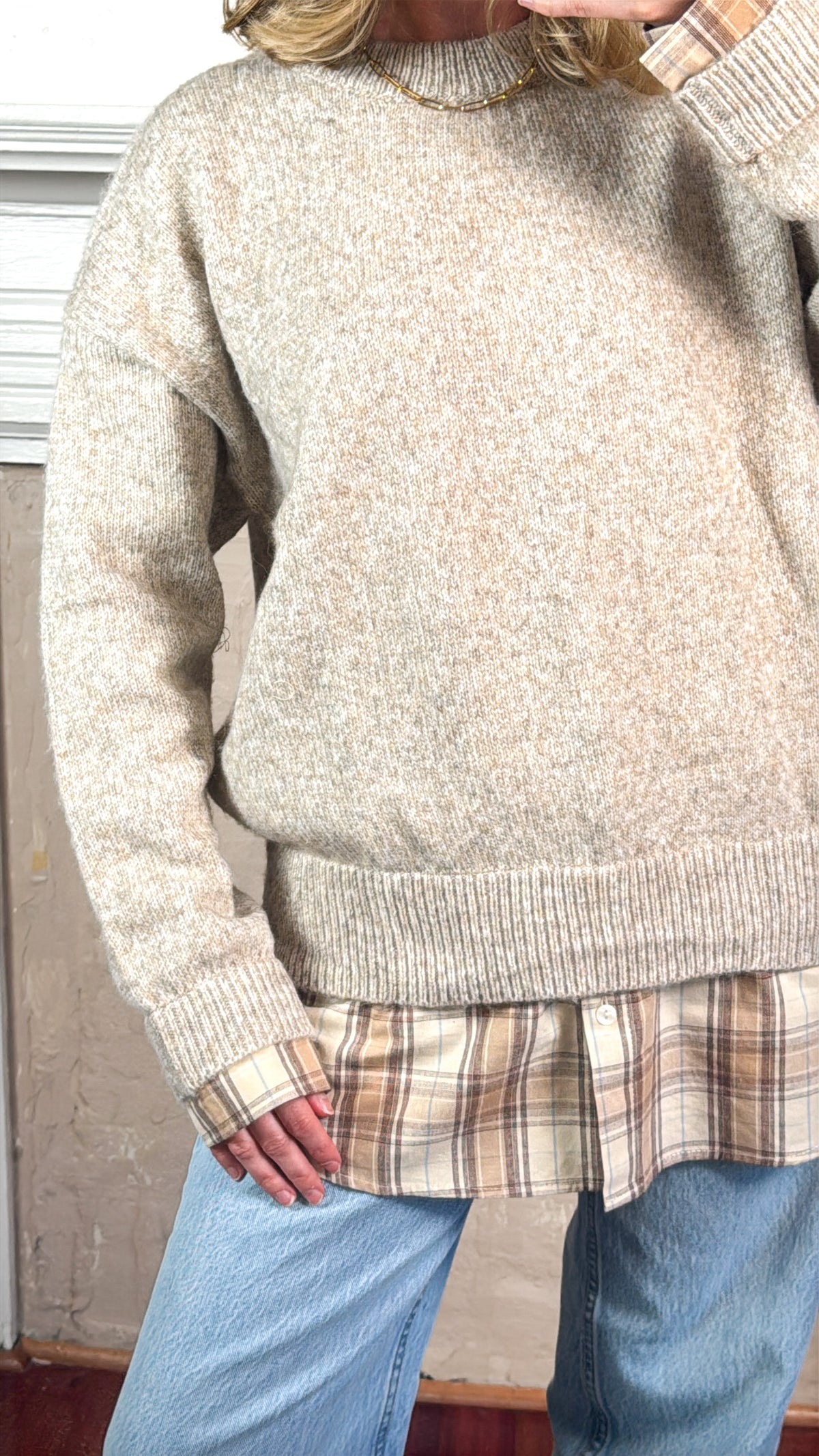 Layered Plaid Hem Knit Sweater
