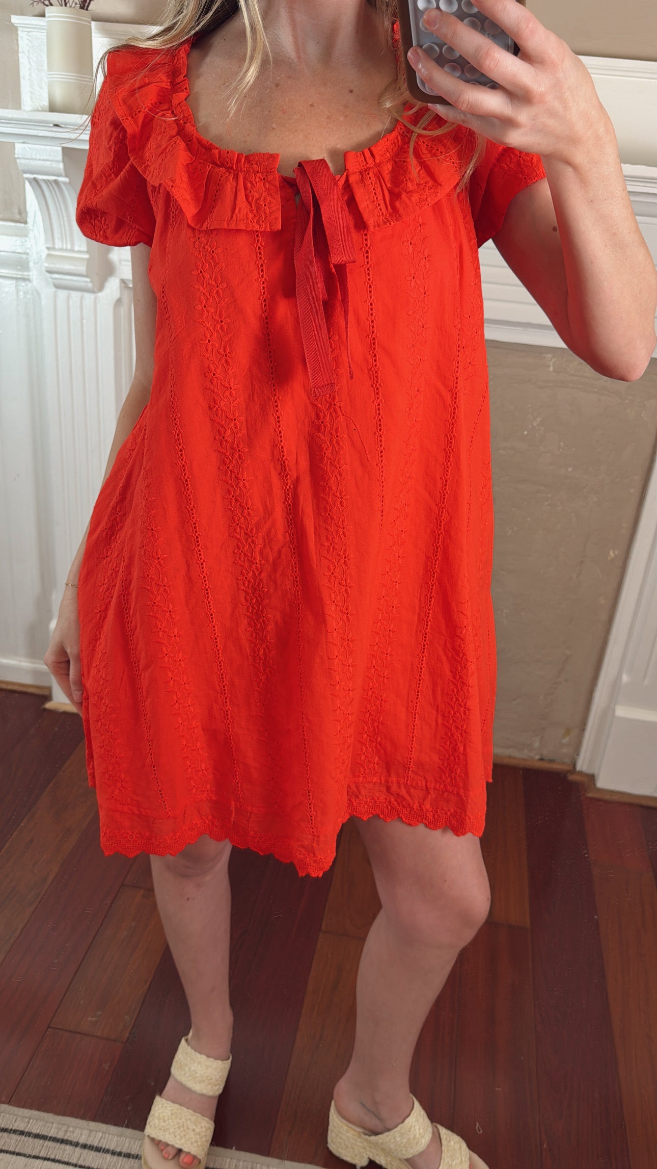 Eyelet Babydoll Mini Dress - Red
