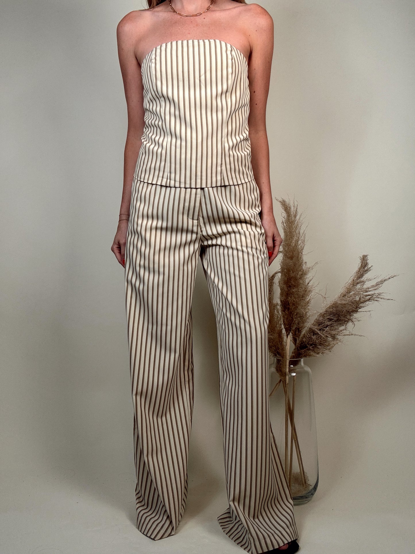 Striped Strapless Top and Wide Leg Pant Sets