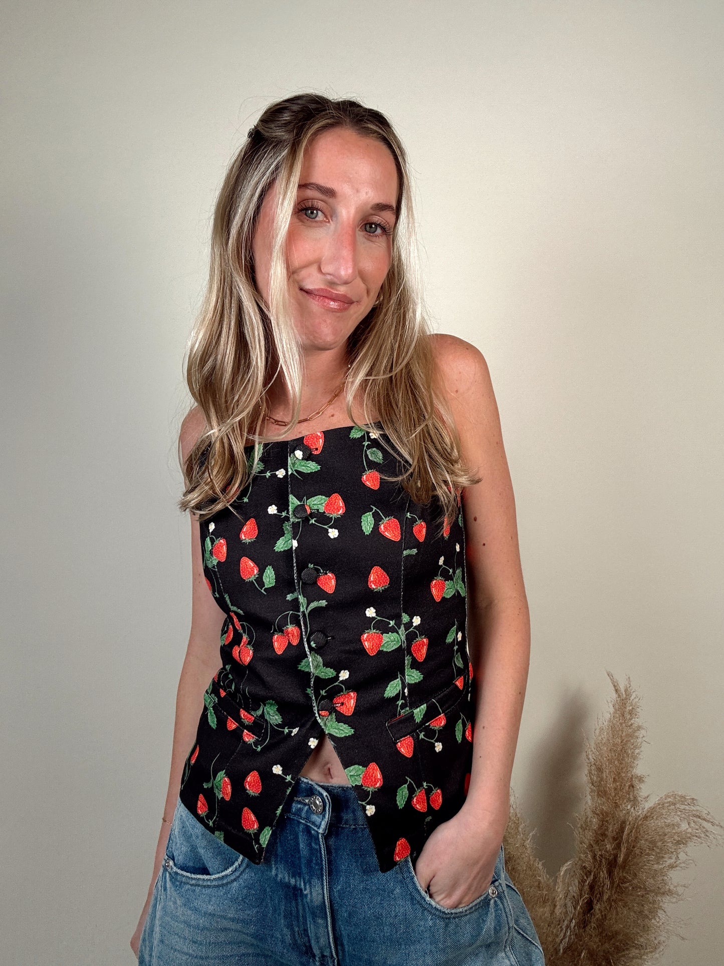Strawberry Picnic Button Tank Top