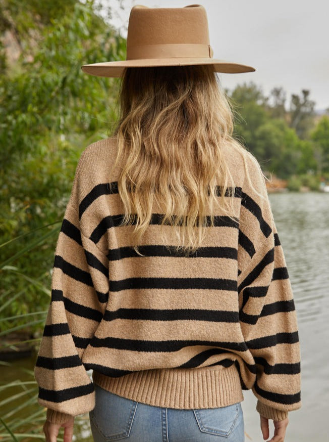 Greta Striped Sweater Knit Sweater Crew Neck 70% Polyester, 27% Recycled Polyester, 3% Spandex Color: Mocha Stay warm and stylish with the Greta Striped Sweater. Crafted from cozy material, this sweater features bold stripes for a classic look. Perfect for any occasion, the Greta Sweater is sure to become a favorite.