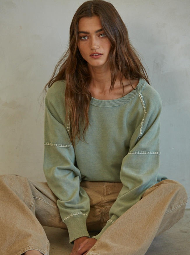 Franky Sweater Cotton Knit Round Neck Long Sleeve Stitch Detail Sweater Top 100% Cotton Color: Pale Green and Dark Lavender The Franky Sweater features a classic crew neck design that is timeless and versatile. Its lightweight, breathable fabric makes it perfect for any season and occasion. The sweater is durable making it a great addition to any wardrobe.