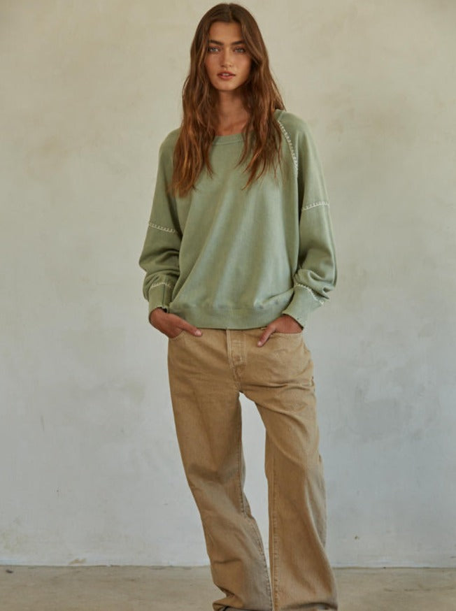 Franky Sweater Cotton Knit Round Neck Long Sleeve Stitch Detail Sweater Top 100% Cotton Color: Pale Green and Dark Lavender The Franky Sweater features a classic crew neck design that is timeless and versatile. Its lightweight, breathable fabric makes it perfect for any season and occasion. The sweater is durable making it a great addition to any wardrobe.