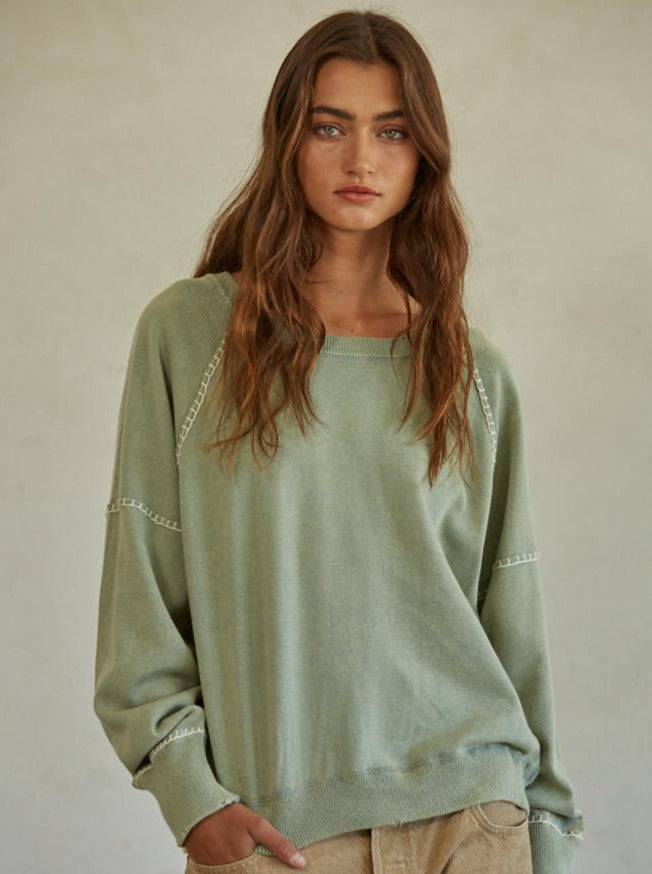 Franky Sweater Cotton Knit Round Neck Long Sleeve Stitch Detail Sweater Top 100% Cotton Color: Pale Green and Dark Lavender The Franky Sweater features a classic crew neck design that is timeless and versatile. Its lightweight, breathable fabric makes it perfect for any season and occasion. The sweater is durable making it a great addition to any wardrobe.