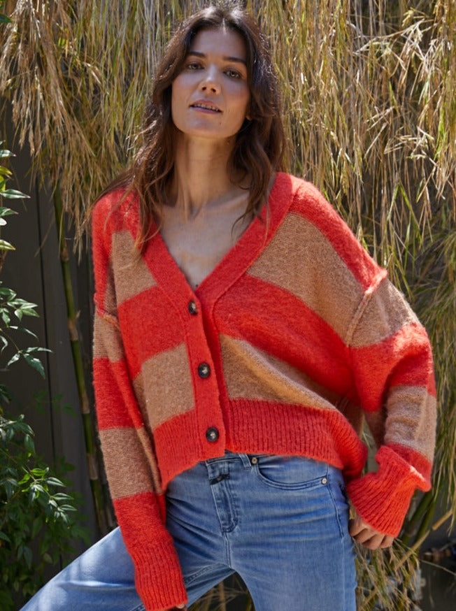 Izzy Striped Cardigan Knit Sweater Stripe V-Neck Button Down Long Sleeve Cardigan 68% Acrylic, 22% Nylon, 10% Alpaca Color: Coral Mocha The Izzy Striped Cardigan features a classic striped design and a button-up front. This timeless style can be worn for a variety of occasions, from casual to dressy. Made from a soft, comfortable fabric, you get stylish warmth without sacrificing breathability