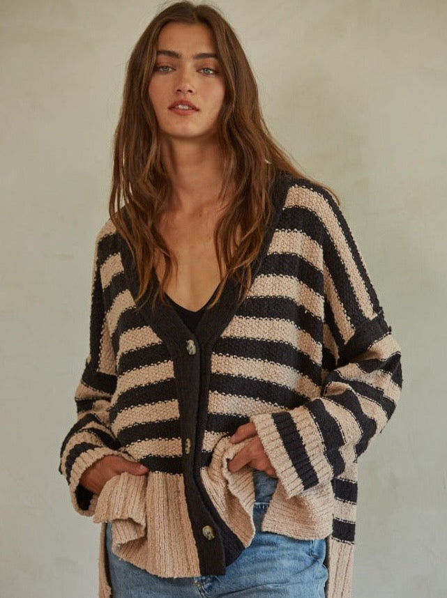 Candy Cloudy Striped Cardigan Knit Sweater Cotton Nylon Stripe Button Down Long Sleeve Oversize Cardigan Top With Side Slits 70% Cotton, 30% Nylon Color: Taupe Black This Candy Cloudy Striped Cardigan is the perfect way to dress up any look. Boasting a classic stripe pattern and button up details, this timeless cardigan is a great way to elevate your wardrobe.