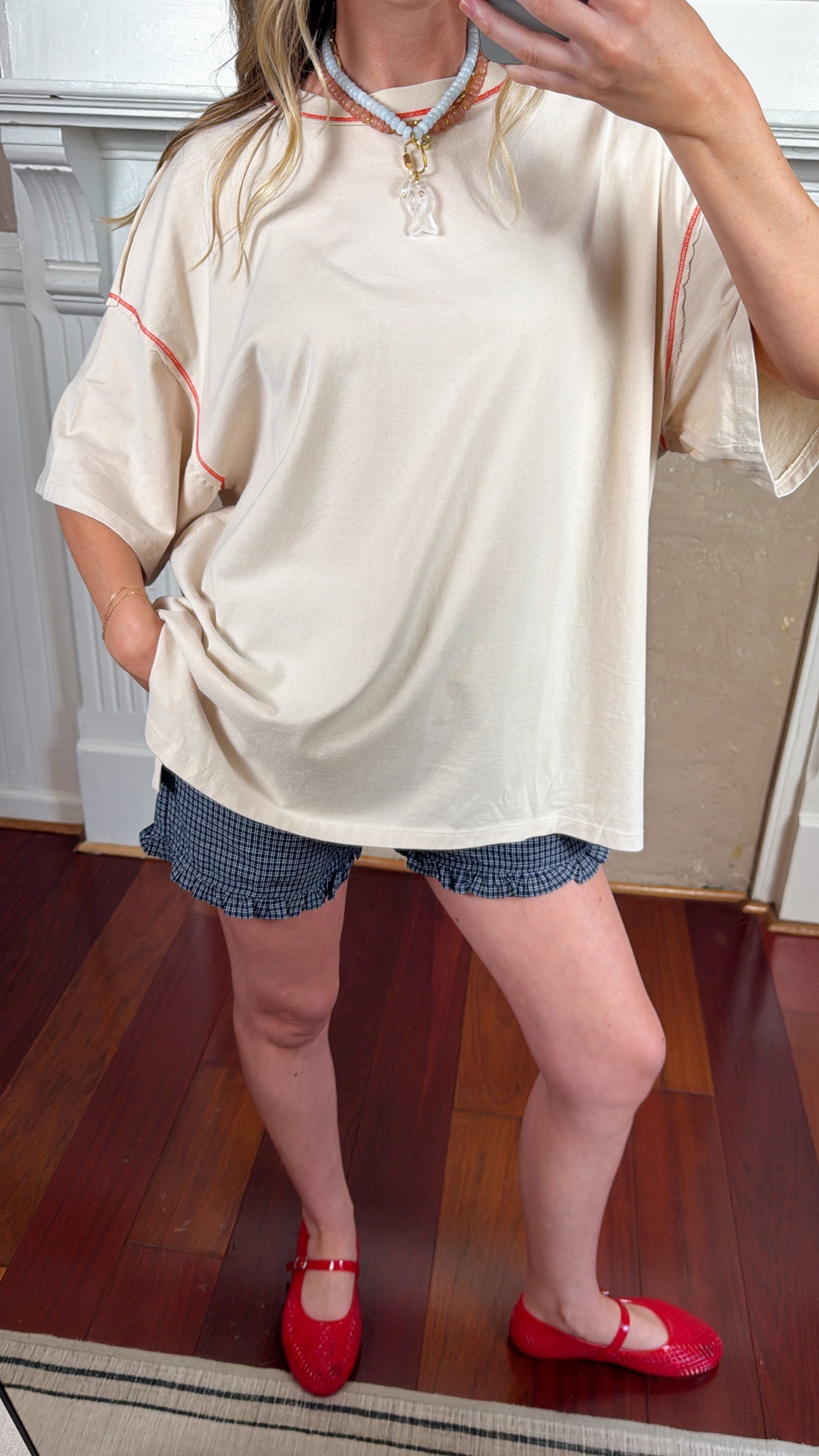 Contrast Stitch Mineral Washed Tee - Cream