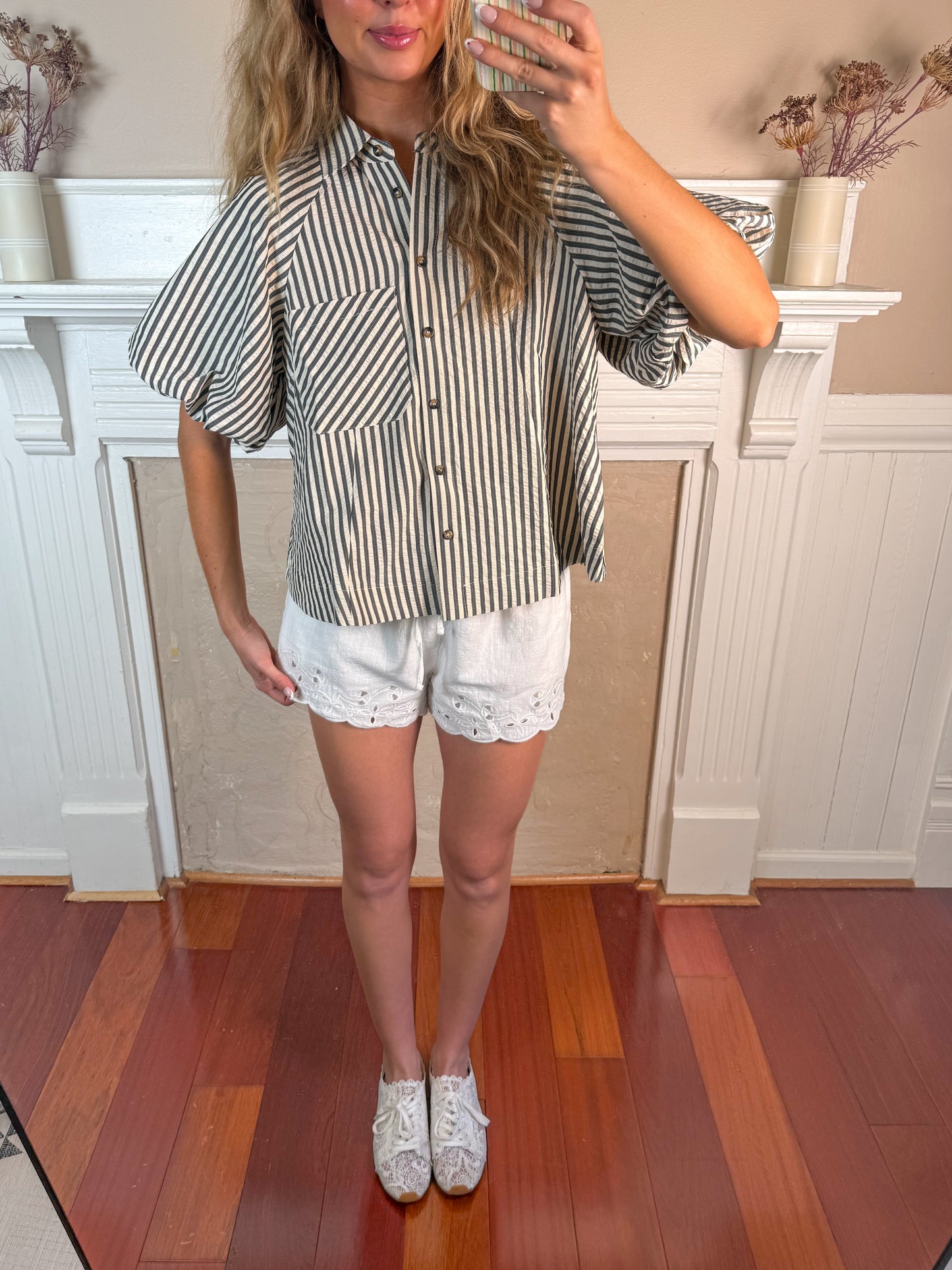 Striped Bubble Sleeve Button Down Top