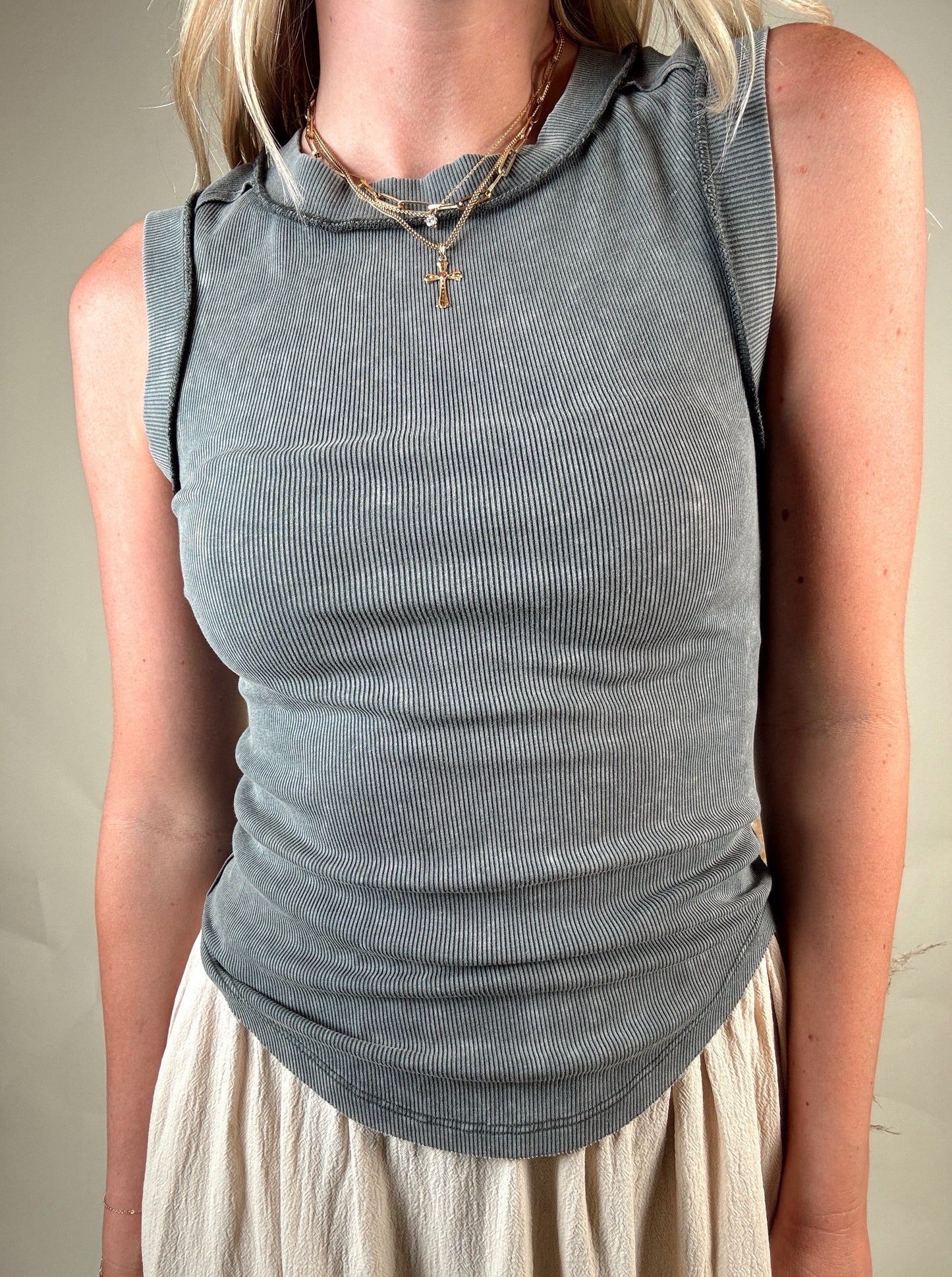 Logan Ribbed Tank Top - Washed Charcoal