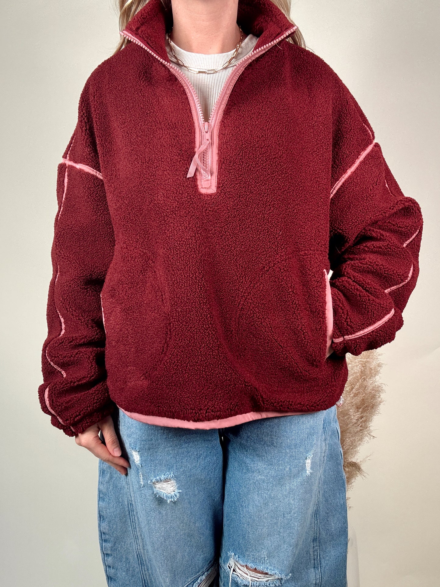 Contrast Sherpa Jacket - Burgundy