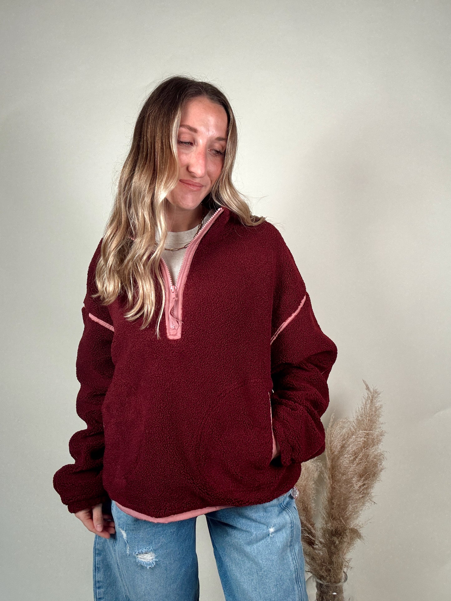 Contrast Sherpa Jacket - Burgundy