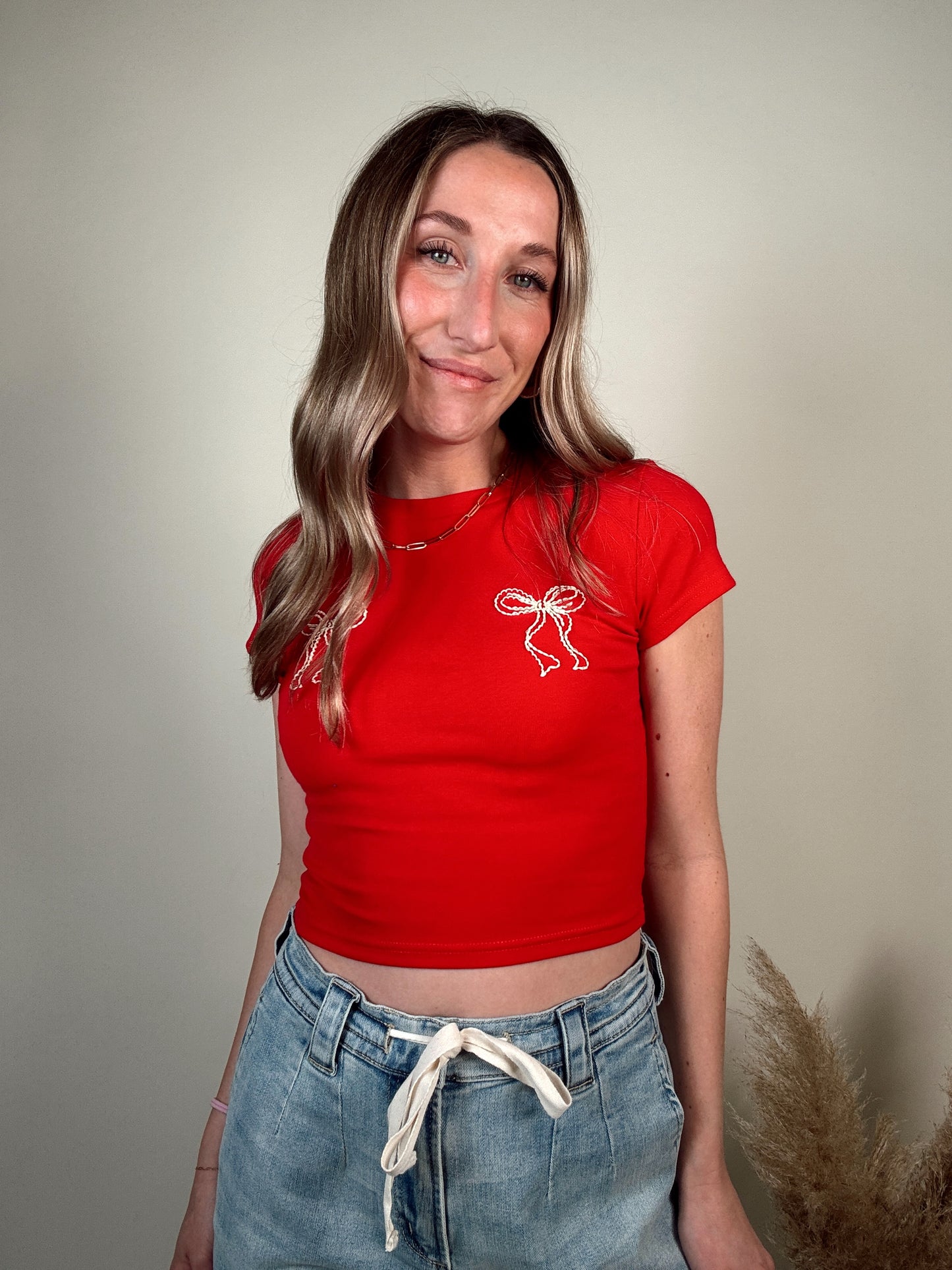 Double Bow Baby Tee - Red