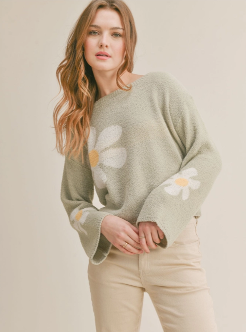 Flower Market Sweater Flared sleeves Floral details 100% Polyester Color: Pistachio Stay fashionable and warm in this Flower Market Sweater. This floral print sweater will be your go-to for every occasion. It's perfect for adding a touch of style to your wardrobe while staying comfortably cozy.