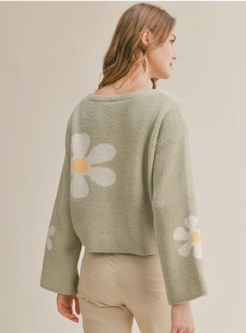 Flower Market Sweater Flared sleeves Floral details 100% Polyester Color: Pistachio Stay fashionable and warm in this Flower Market Sweater. This floral print sweater will be your go-to for every occasion. It's perfect for adding a touch of style to your wardrobe while staying comfortably cozy.