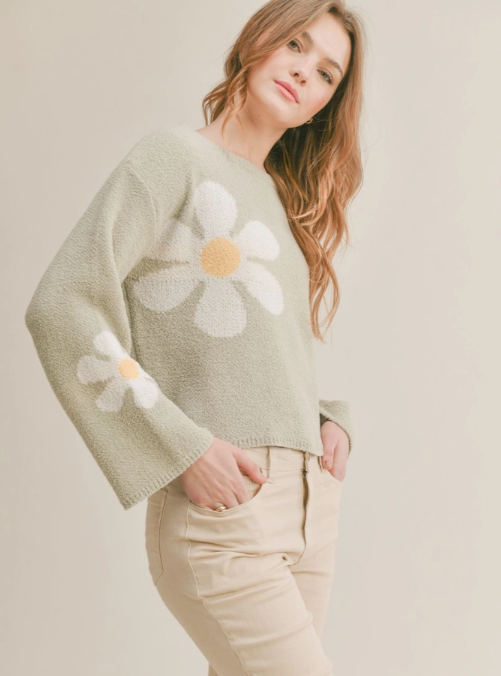 Flower Market Sweater Flared sleeves Floral details 100% Polyester Color: Pistachio Stay fashionable and warm in this Flower Market Sweater. This floral print sweater will be your go-to for every occasion. It's perfect for adding a touch of style to your wardrobe while staying comfortably cozy.