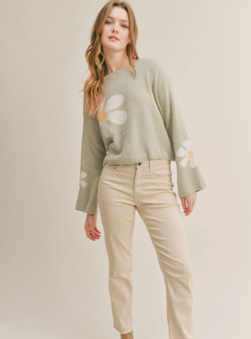 Flower Market Sweater Flared sleeves Floral details 100% Polyester Color: Pistachio Stay fashionable and warm in this Flower Market Sweater. This floral print sweater will be your go-to for every occasion. It's perfect for adding a touch of style to your wardrobe while staying comfortably cozy.