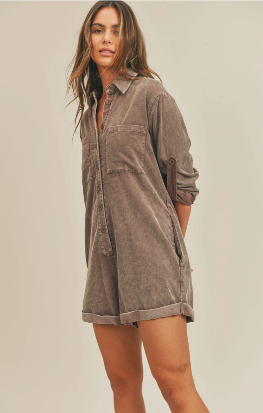 Get Like This Washed Corduroy Romper Corduroy Romper Long Sleeves Buttons Pockets 100% Cotton Color: Washed Brown This Get Like This Washed Corduroy Romper is an ideal addition to your wardrobe. Crafted from pure corduroy, it is lightweight and breathable, ensuring comfort and style all day. This romper is perfect for fall.