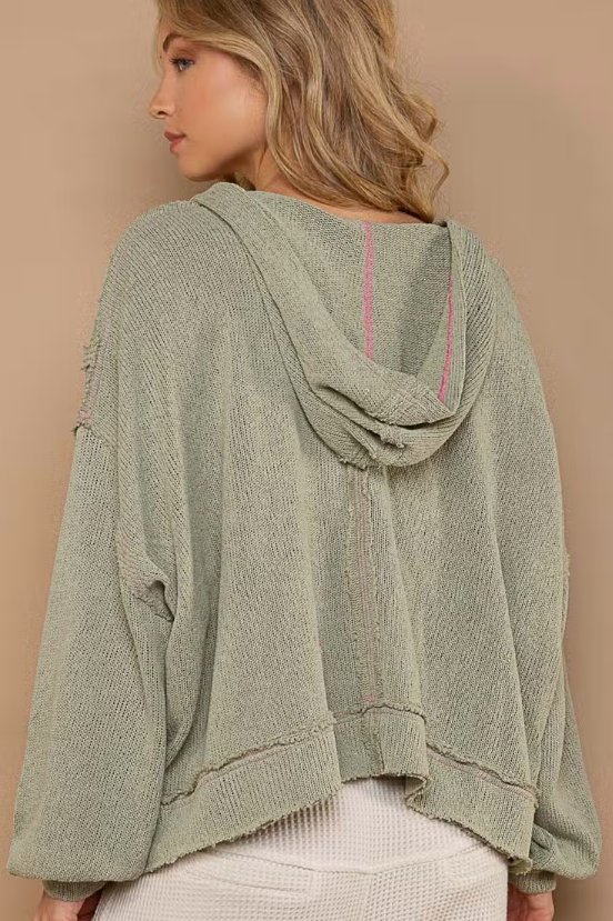 Relaxed Hooded Knit Top Designed in round neck Relaxed fit Balloon sleeves Hoodie knit top in cut and sew knit with out seam & top stitch details