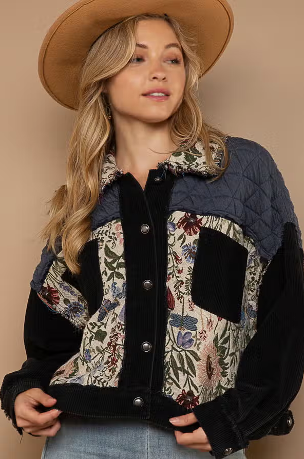 Quilted Corduroy Jacket Designed in long sleeve Regular fit Corduroy jacket with quilting point Contrast jacquard fabric patch Raw edge details Front pockets Button down with jacquard collar Vintage washed