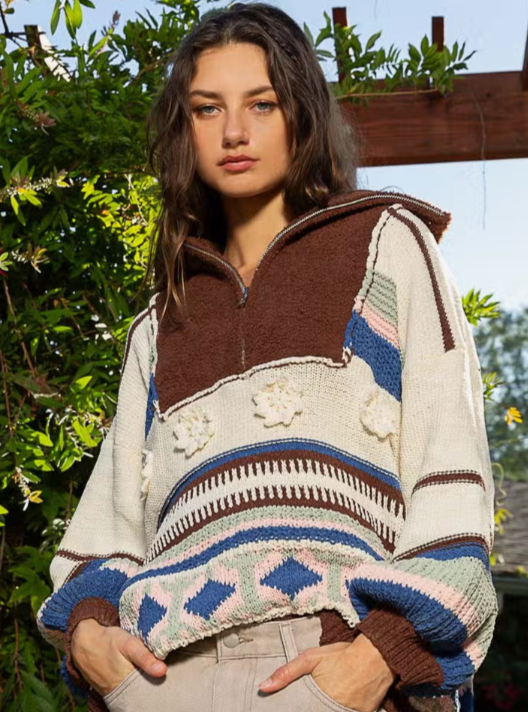 Jade Half Zip Sweater Designed in half zipper front High collar Balloon long sleeves Oversized fit Outseam edge and patch details Ethnic patterned color block Chenille pullover sweater Specs/Dimensions: - BUST: 27" - LENGTH: 24-1/2" - SLEEVE: 15-3/4" - SHOULDER: 25" 100% Polyester Color: Cream Multi This Jade Half Zip Sweater has a vintage design with a half zip closure. The sweater is made from a soft, lightweight fabric for ultimate comfort and warmth. Perfect for your active lifestyle.