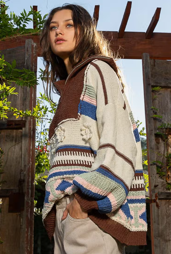 Jade Half Zip Sweater Designed in half zipper front High collar Balloon long sleeves Oversized fit Outseam edge and patch details Ethnic patterned color block Chenille pullover sweater Specs/Dimensions: - BUST: 27" - LENGTH: 24-1/2" - SLEEVE: 15-3/4" - SHOULDER: 25" 100% Polyester Color: Cream Multi This Jade Half Zip Sweater has a vintage design with a half zip closure. The sweater is made from a soft, lightweight fabric for ultimate comfort and warmth. Perfect for your active lifestyle.