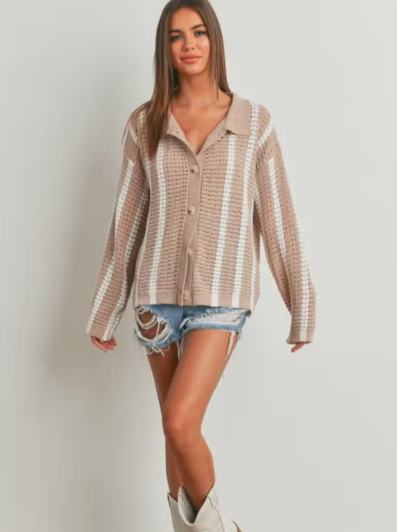 Stacey Stripe Sweater Oversized chenille sweater cardigan Collar Stripe Design Button Up Details 100% Polyester Color: Multiple Introducing the Stripe Oversized Sweater Cardigan - your new favorite companion for chilly days and cozy nights. This exquisite cardigan blends comfort, style, and versatility to create a wardrobe essential that will quickly become your go-to piece.