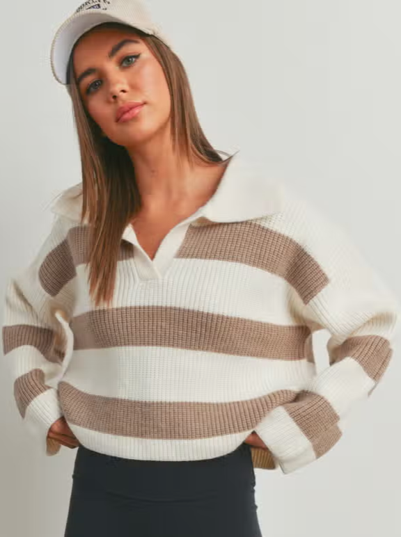Latte Sweater Collar Stripe Design Sweater 42% Acrylic, 28% Polyamide, 30% Polyester Color: Ivory/Taupe Stripe Drop Shoulder with Wide Collar Sweater - a perfect blend of comfort and style! This trendy sweater features eye-catching stripes and a chic wide collar, making a bold statement effortlessly.