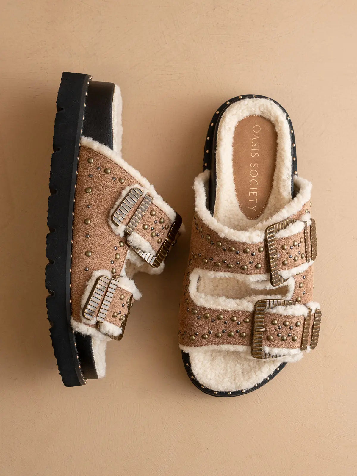The Gaylen | Latte Studded Buckle Fleece Lined Slides