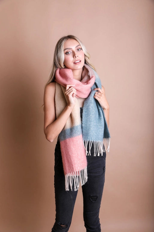 Color Block Cozy Scarf With Tassels