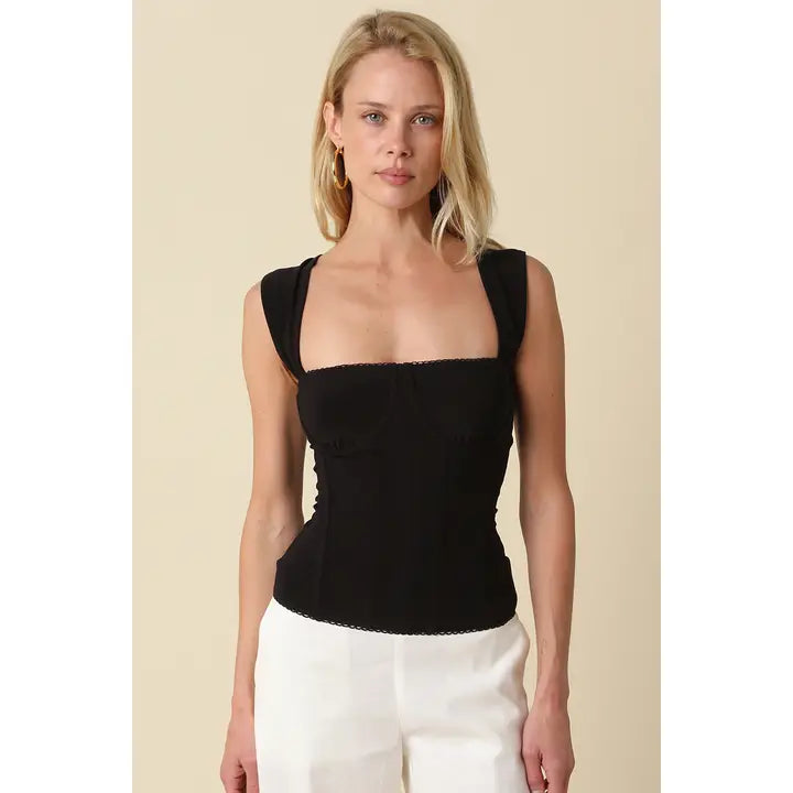 Lorna Floral Structured Square-Neck Top - Black