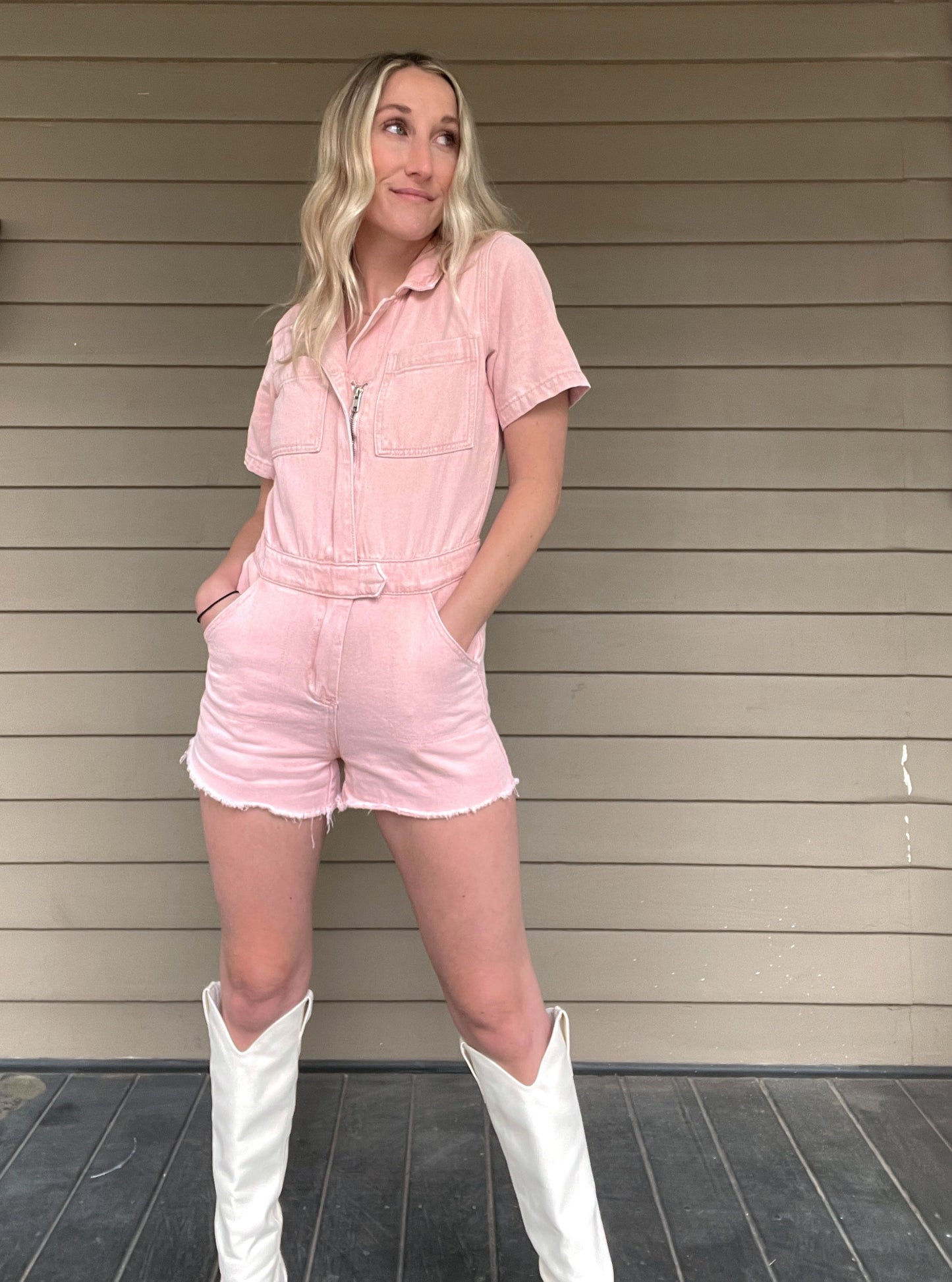 Adventure Denim Romper - Washed Pink Denim Romper Zipper Pockets 100% Cotton Color: Washed Pink Ready for a wild adventure? The Adventurer Denim Romper is the perfect outfit for a daring escapade! The pink and button up design will keep you looking stylish, while the collar adds an air of sophistication - talk about an adventurers dream!