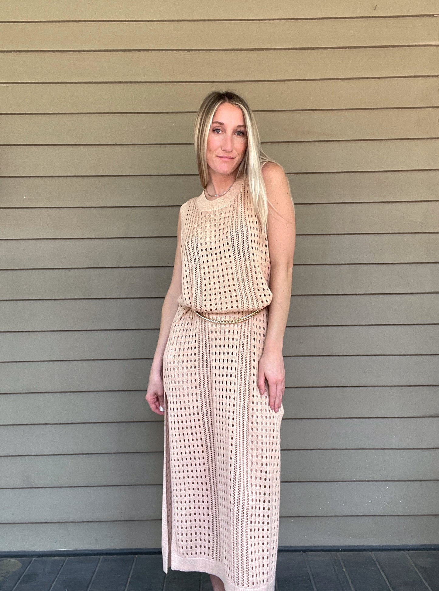Paradise Cove Crochet Midi Dress - Blush Sleeveless crochet midi dress Perfect bathing suit cover up 100% Acrylic Color: Blush This Paradise Cove Crochet Midi Dress is perfect for summer days. Crafted with high-quality crochet, it features an elegant design that's timeless and stylish. With its lightweight fabric, you'll stay cool and comfortable all day. Look beautiful in this must-have dress.
