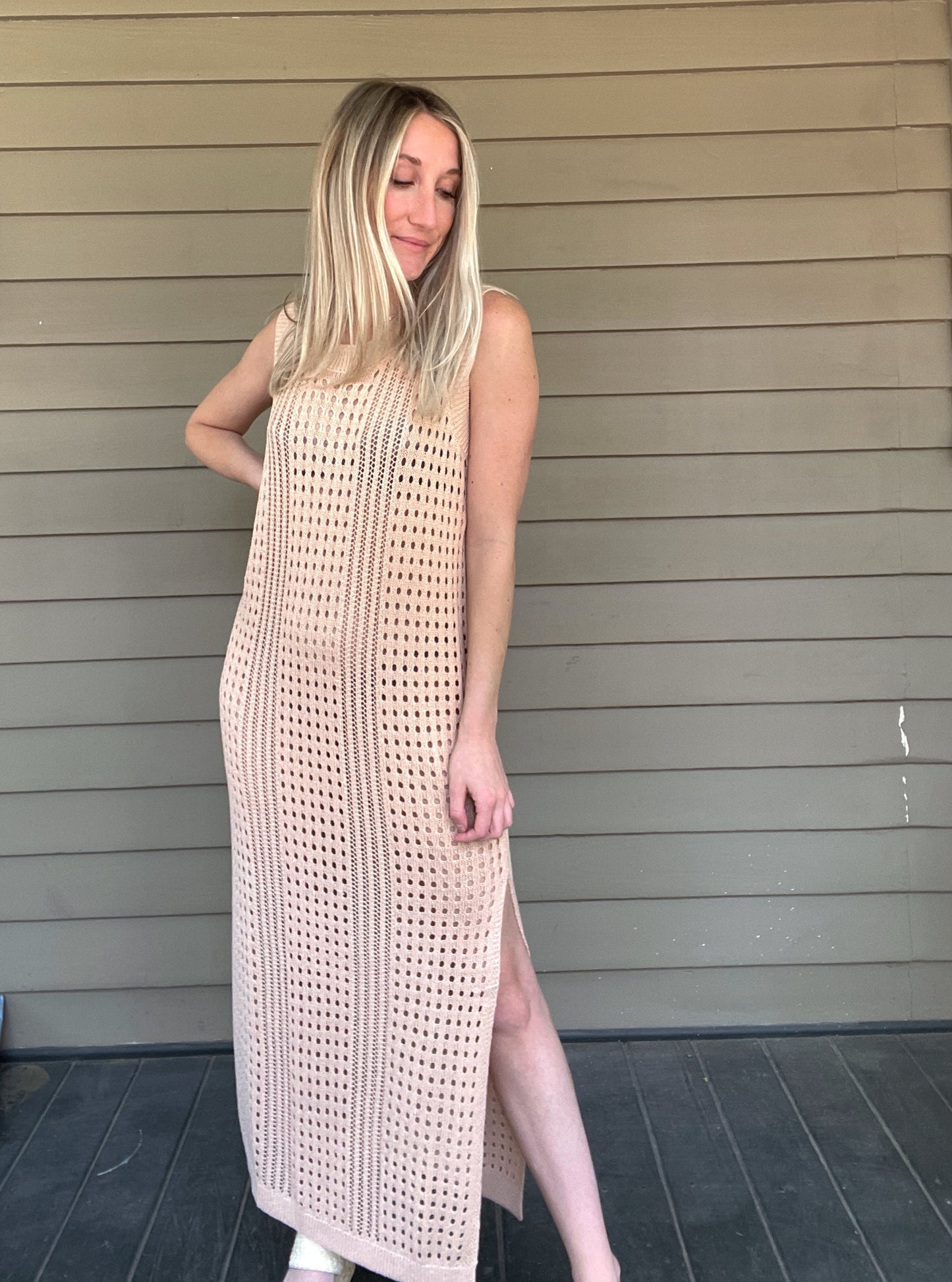 Paradise Cove Crochet Midi Dress - Blush Sleeveless crochet midi dress Perfect bathing suit cover up 100% Acrylic Color: Blush This Paradise Cove Crochet Midi Dress is perfect for summer days. Crafted with high-quality crochet, it features an elegant design that's timeless and stylish. With its lightweight fabric, you'll stay cool and comfortable all day. Look beautiful in this must-have dress.