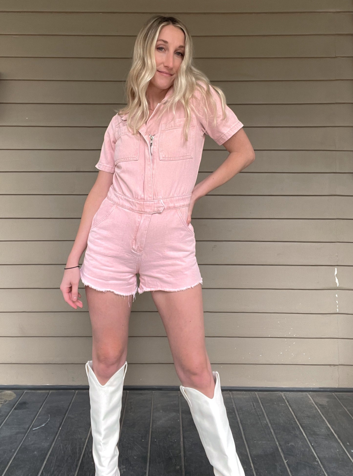 Adventure Denim Romper - Washed Pink Denim Romper Zipper Pockets 100% Cotton Color: Washed Pink Ready for a wild adventure? The Adventurer Denim Romper is the perfect outfit for a daring escapade! The pink and button up design will keep you looking stylish, while the collar adds an air of sophistication - talk about an adventurers dream!